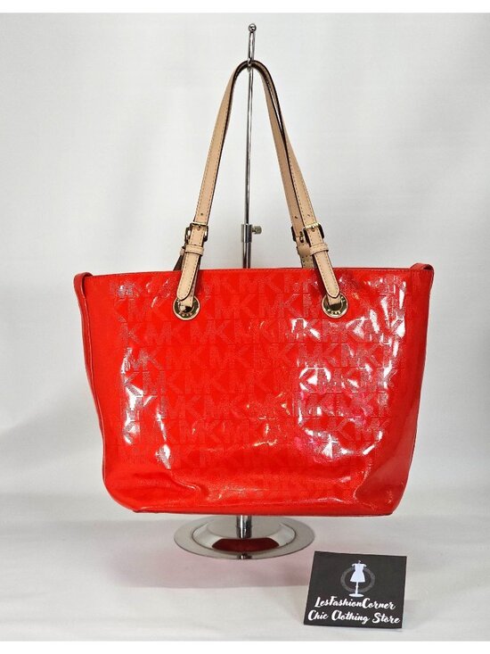 Michael Kors Handbags - Michael Kors Women's Red Leather Jet Set Mirror Metallic Patent Tote Large 1794